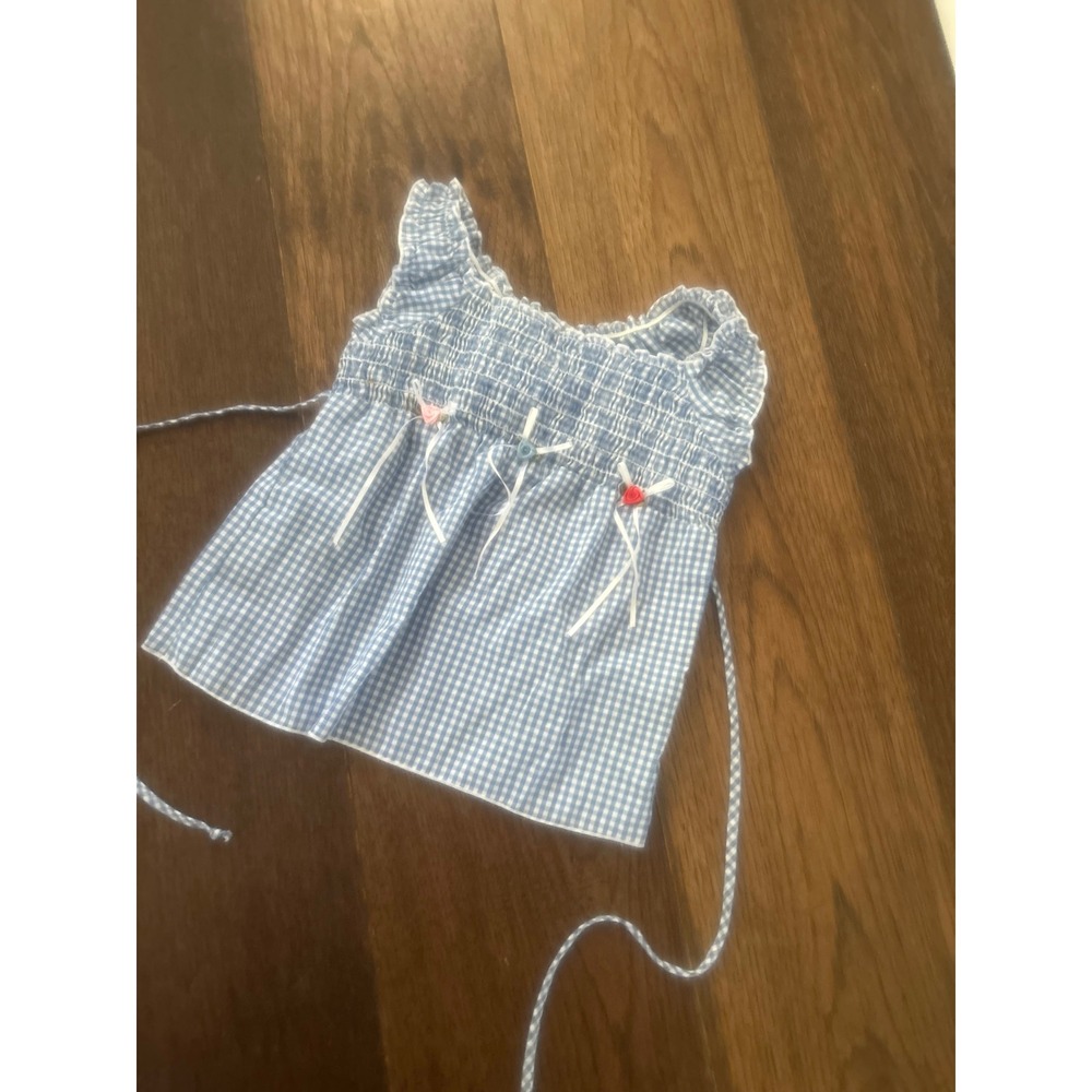 Vtg Diggy Bop Girls Blue Gingham Smocked Rosebud Top Size L 6 Cottagecore Ruffle